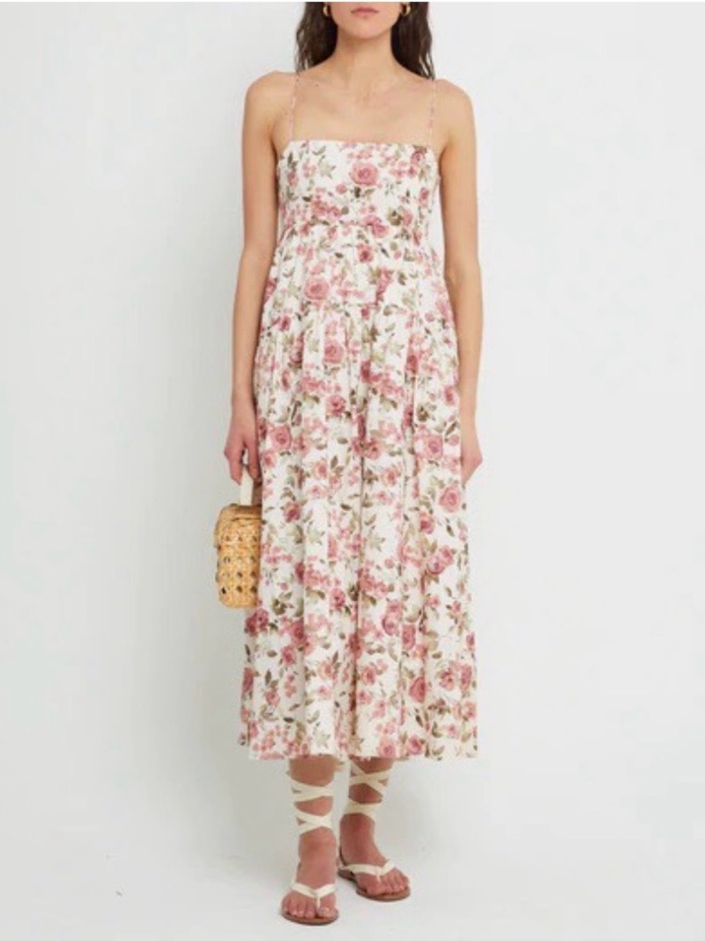Floral Spaghetti-Strap Maxi Dress in Cream and Pink